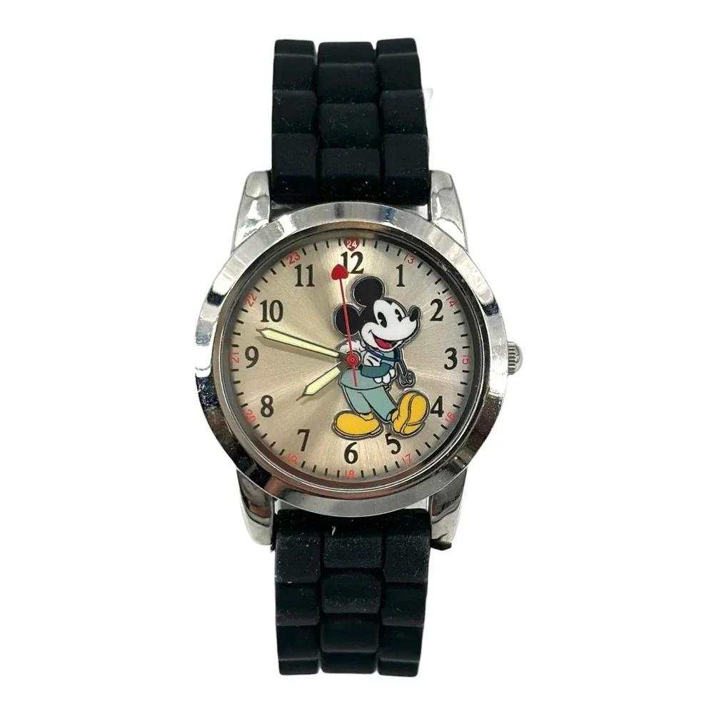 Disney Mickey Mouse Watch Accutime Heart Second Hand Black Band MK1111 Working